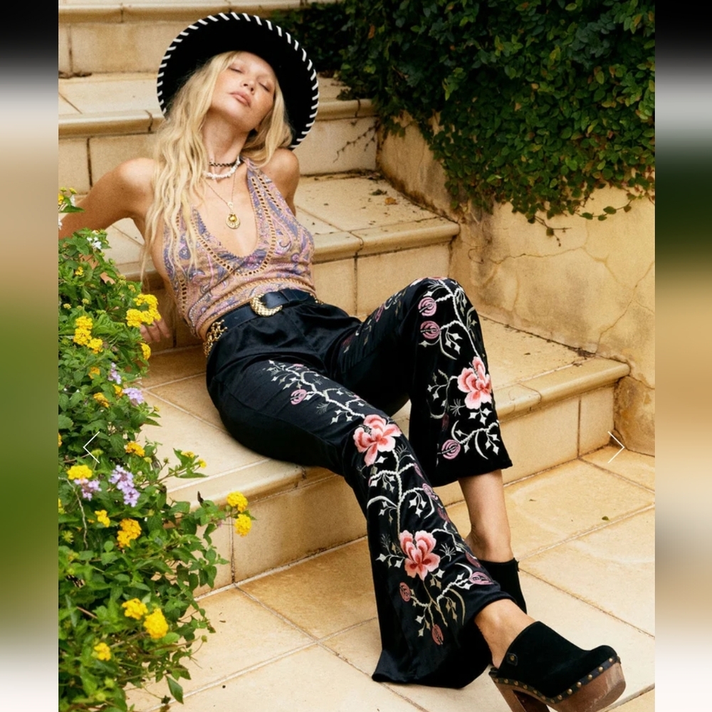Chasing Unicorns Black Since You've Been Gone Embroidered Flare Velvet Pants - Picture 9 of 9